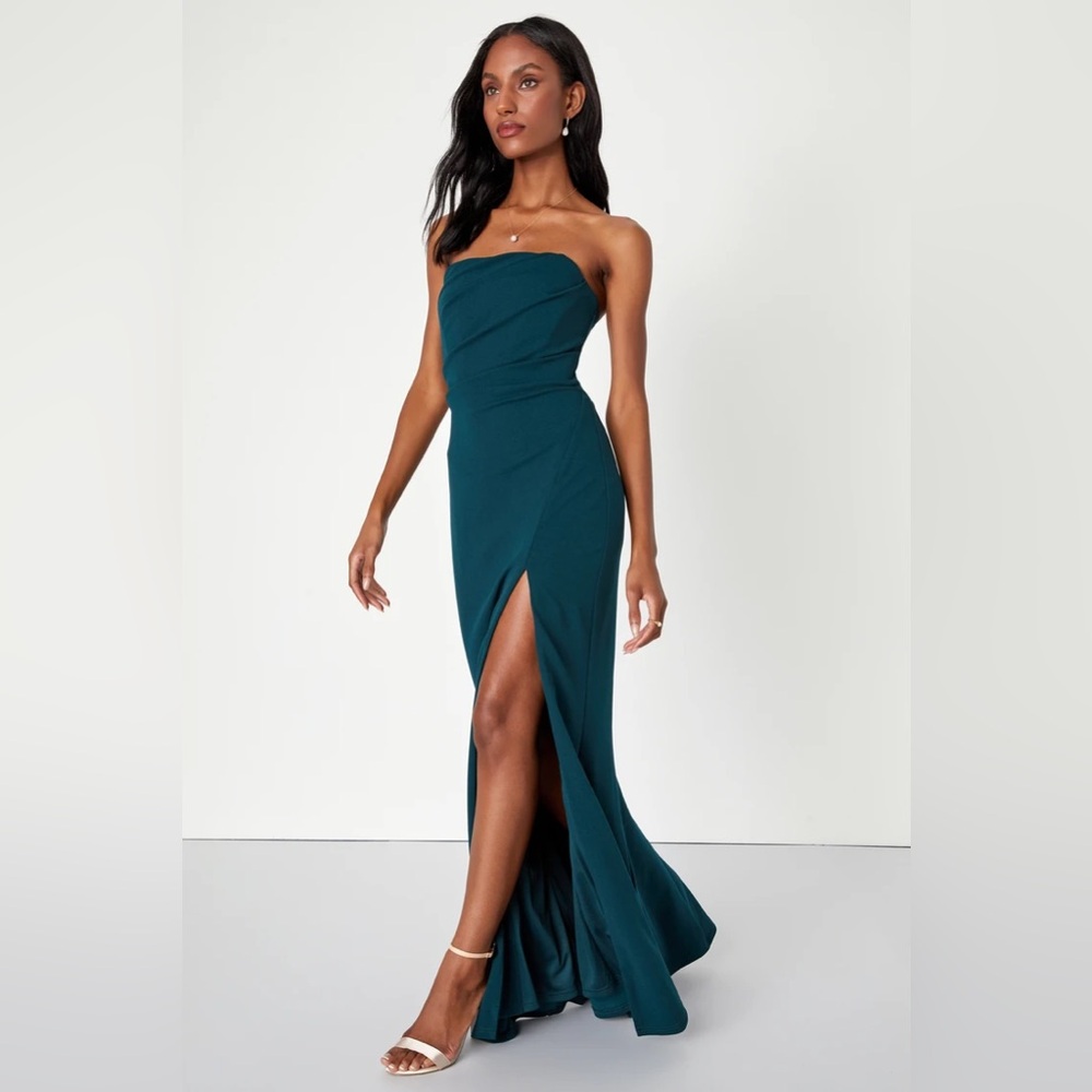 Lulus Marvelous Entrance Emerald Green Pleated Strapless Maxi Dress